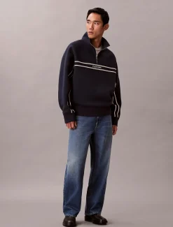 Calvin Klein Jeans miesten collegepaita LS Cotton Spacer Stripe Rib QTR, tummansininen