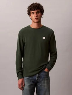 Calvin Klein Jeans miesten paita, LS WAFFLE BADGE CREWNK TEE Armeijanvihreä