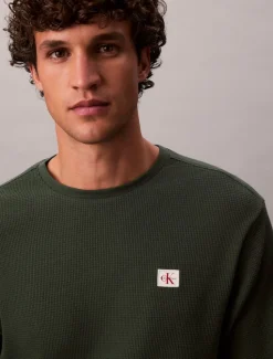 Calvin Klein Jeans miesten paita, LS WAFFLE BADGE CREWNK TEE Armeijanvihreä