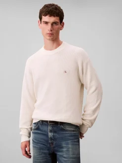 Calvin Klein Jeans miesten neulepusero LS EZ Cotton Waffle Crwnk Swtr 9, luonnonvalkoinen