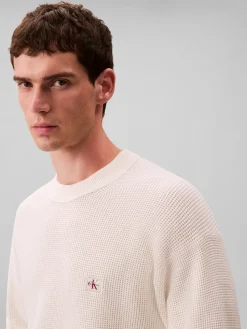 Calvin Klein Jeans miesten neulepusero LS EZ Cotton Waffle Crwnk Swtr 9, luonnonvalkoinen