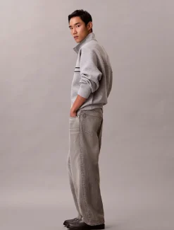 Calvin Klein Jeans miesten collegepaita LS Cotton Spacer Stripe Rib QTR, vaaleanharmaa