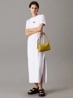Calvin Klein Jeans naisten mekko, K-MONOLOGO LONG RIB TEE DRESS Valkoinen