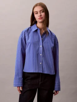 Calvin Klein Jeans naisten pusero, YD STRIPE BOXY CROPPED SHIRT Raidallinen Sininen