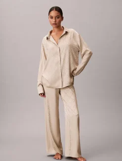 Calvin Klein naisten pyjamasetti K-SATIN AOP SET, vaalea beige