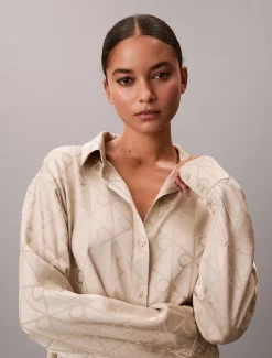 Calvin Klein naisten pyjamasetti K-SATIN AOP SET, vaalea beige