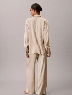 Calvin Klein naisten pyjamasetti K-SATIN AOP SET, vaalea beige