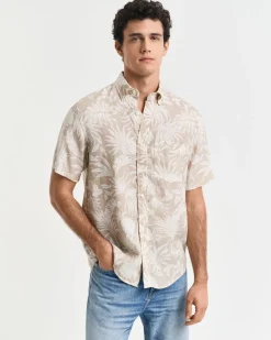 Gant miesten lyhythihainen kauluspaita, REG BOTANICAL LINEN PRINT SS T-SHIRT Ruskea Kuosi