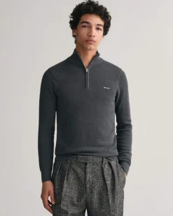Gant miesten neule, COTTON PIQUE HALF ZIP Tummanharmaa