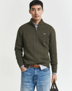 Gant miesten neule, COTTON CABLE HALF ZIP Tummanvihreä