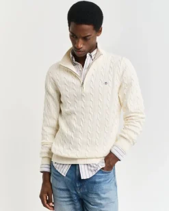Gant miesten neule, COTTON CABLE HALF ZIP Luonnonvalkoinen