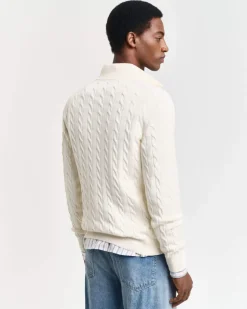 Gant miesten neule, COTTON CABLE HALF ZIP Luonnonvalkoinen