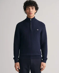Gant miesten neule, COTTON TEXTURE HALF ZIP Tummansininen
