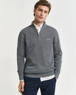 Gant miesten neule, COTTON PIQUE HALF ZIP Keskiharmaa