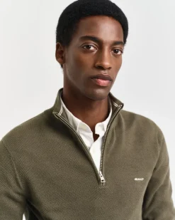 Gant miesten neule, COTTON PIQUE HALF ZIP Tummanvihreä