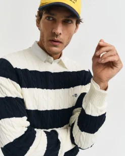 Gant miesten neule, STRIPED COTTON CABLE C-NECK Raidallinen Sininen