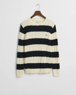 Gant miesten neule, STRIPED COTTON CABLE C-NECK Raidallinen Sininen