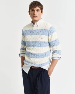 Gant miesten neule, STRIPED COTTON CABLE C-NECK Raita Vaaleansininen