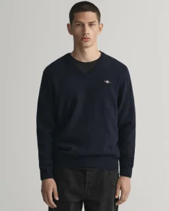 Gant miesten neule, SUPERFINE LAMBSWOOL V-NECK Tummansininen
