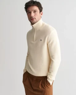 Gant Miesten Neulepusero, COTTON MICRO TEXTURED HALF ZIP Luonnonvalkoinen