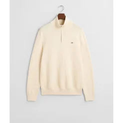 Gant Miesten Neulepusero, COTTON MICRO TEXTURED HALF ZIP Luonnonvalkoinen
