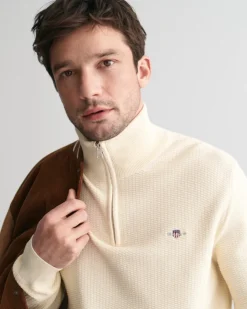 Gant Miesten Neulepusero, COTTON MICRO TEXTURED HALF ZIP Luonnonvalkoinen