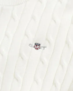 Gant naisten lyhythihainen neulepusero, STRETCH COTTON CABLE SS C-NECK Luonnonvalkoinen