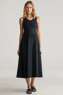 Gant naisten mekko, MIDI JERSEY WOVEN COMBO DRESS Musta