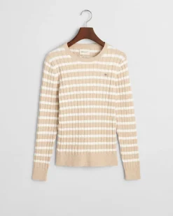 Gant naisten neulepusero, STRETCH COTTON CABLE STRIPE C-NECK Beige Kuosi