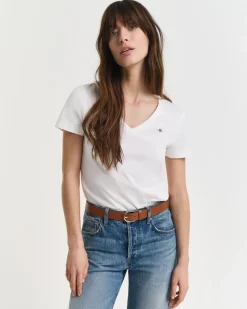 Gant naisten t-paita, REG SHIELD SS V-NECK T-SHIRT Valkoinen