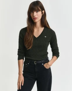 Gant neule, STRETCH COTTON CABLE V-NECK Tummanvihreä