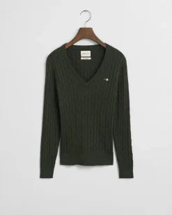Gant neule, STRETCH COTTON CABLE V-NECK Tummanvihreä