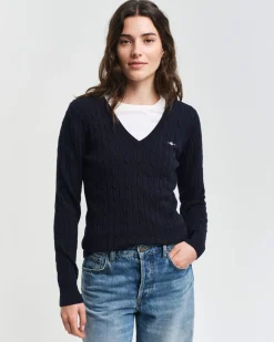 Gant neule, STRETCH COTTON CABLE V-NECK Tummansininen