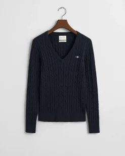 Gant neule, STRETCH COTTON CABLE V-NECK Tummansininen