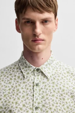 Hugo Boss miesten lyhythihainen kauluspaita,ROAN STRECH COTTON LINEN Vihreä Kuosi