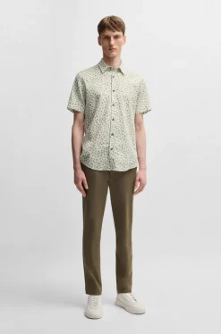 Hugo Boss miesten lyhythihainen kauluspaita,ROAN STRECH COTTON LINEN Vihreä Kuosi