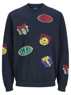 Jack and Jones Junior lasten neule JORHOLIDAY KNIT CREW NECK JNR, sininen kuosi