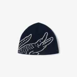 Lacoste miesten pipo, UNCUFFED CROCODILE JACQUARD WOOL BEANIE Tummansininen