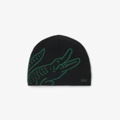 Lacoste miesten pipo, UNCUFFED CROCODILE JACQUARD WOOL BEANIE Musta