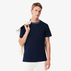 Lacoste miesten t-paita, STRECH PIQUE STRIPE COLLAR T-SHIRT Tummansininen