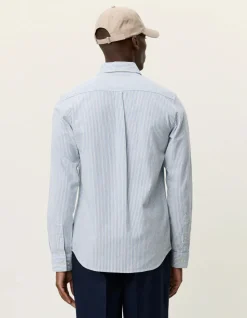Les Deux miesten kauluspaita Konrad Stripe Cotton Linen Shirt, raidallinen sininen
