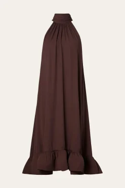 Malina naisten mekko, SABRINA HALTERNECK RUFFLED MAXI DRESS Tummanruskea