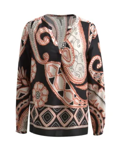 Milano Italy Naisten Pusero, V-NECK BLOUSE BLACK PRINT Musta Kuosi