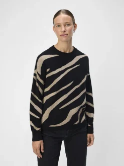 Object Naisten Neule, OBJRAY LO L/S KNIT PULLOVER AOP NOOS Musta Kuosi