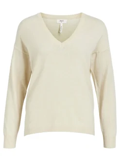 Object Naisten Neule, OBJTHESS L/S V-NECK KNIT PULLOVER NOOS Luonnonvalkoinen