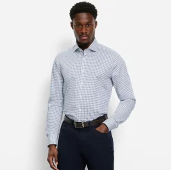 Olymp miesten kauluspaita, 051 LEVEL 5 BODY FIT STRETCH MICROPRINT Valkopohjainen Kuosi