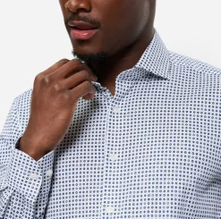 Olymp miesten kauluspaita, 051 LEVEL 5 BODY FIT STRETCH MICROPRINT Valkopohjainen Kuosi