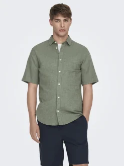 Only and Sons Miesten Kauluspaita ONSCAIDEN SS SOLID LINEN Armeijanvihreä