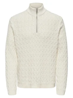 Only and Sons miesten neulepusero LEONARD LIFE REG HALF ZIP CABLE COTTON, Antique White