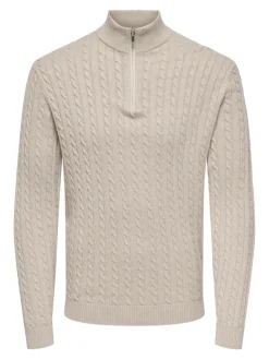 Only and Sons miesten neulepusero ONSLOUI CABEL HALF ZIP KNIT, Oatmeal Melange